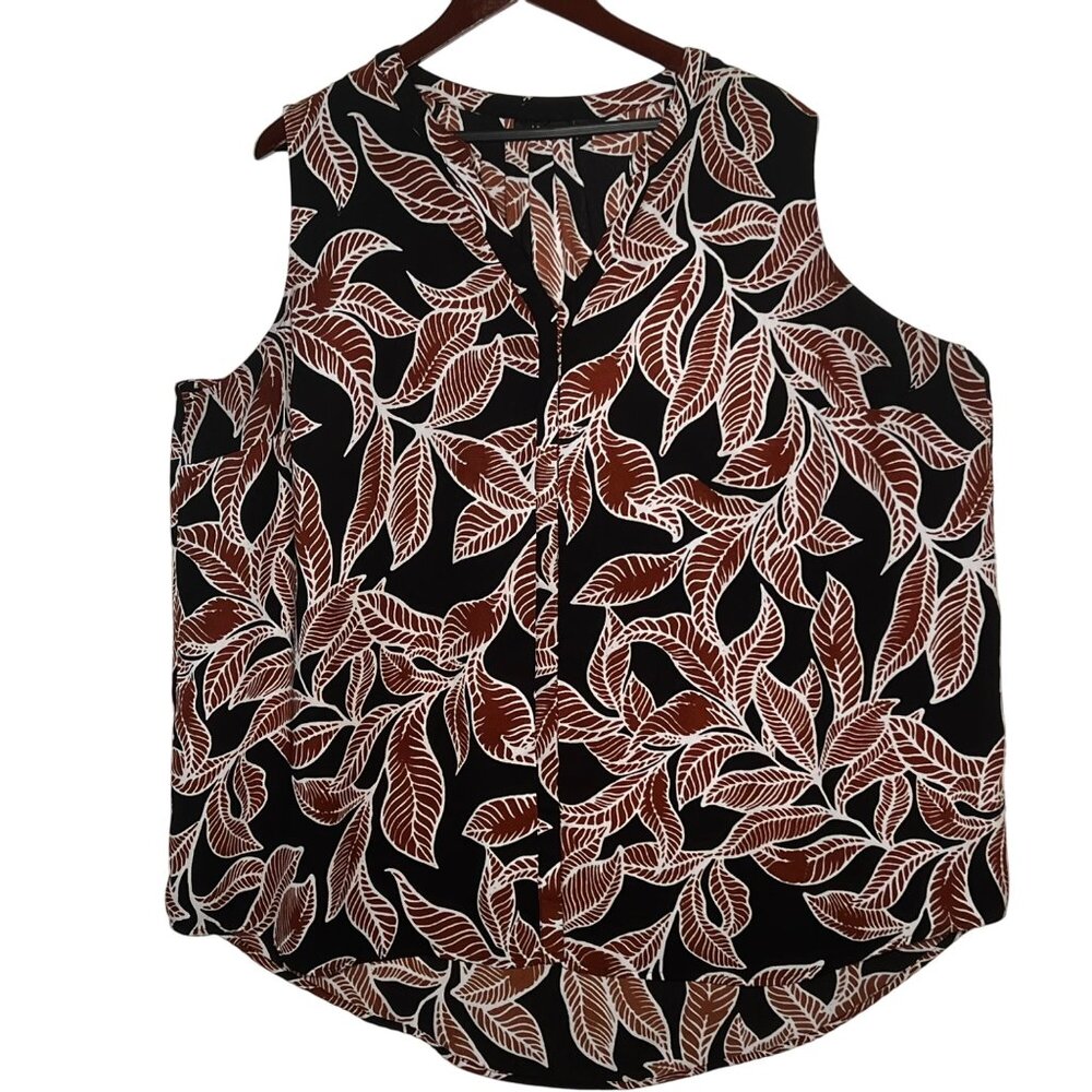 Apt. 9 Womens Sleeveless Button-Up Blouse Black & Brown Leaf Print 3X Polyester